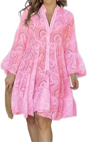 Women's Lace Short Dress Casual V Neck Long Sleeve Eyelet Buttons Beach Plus Size Mini Dress Sundress