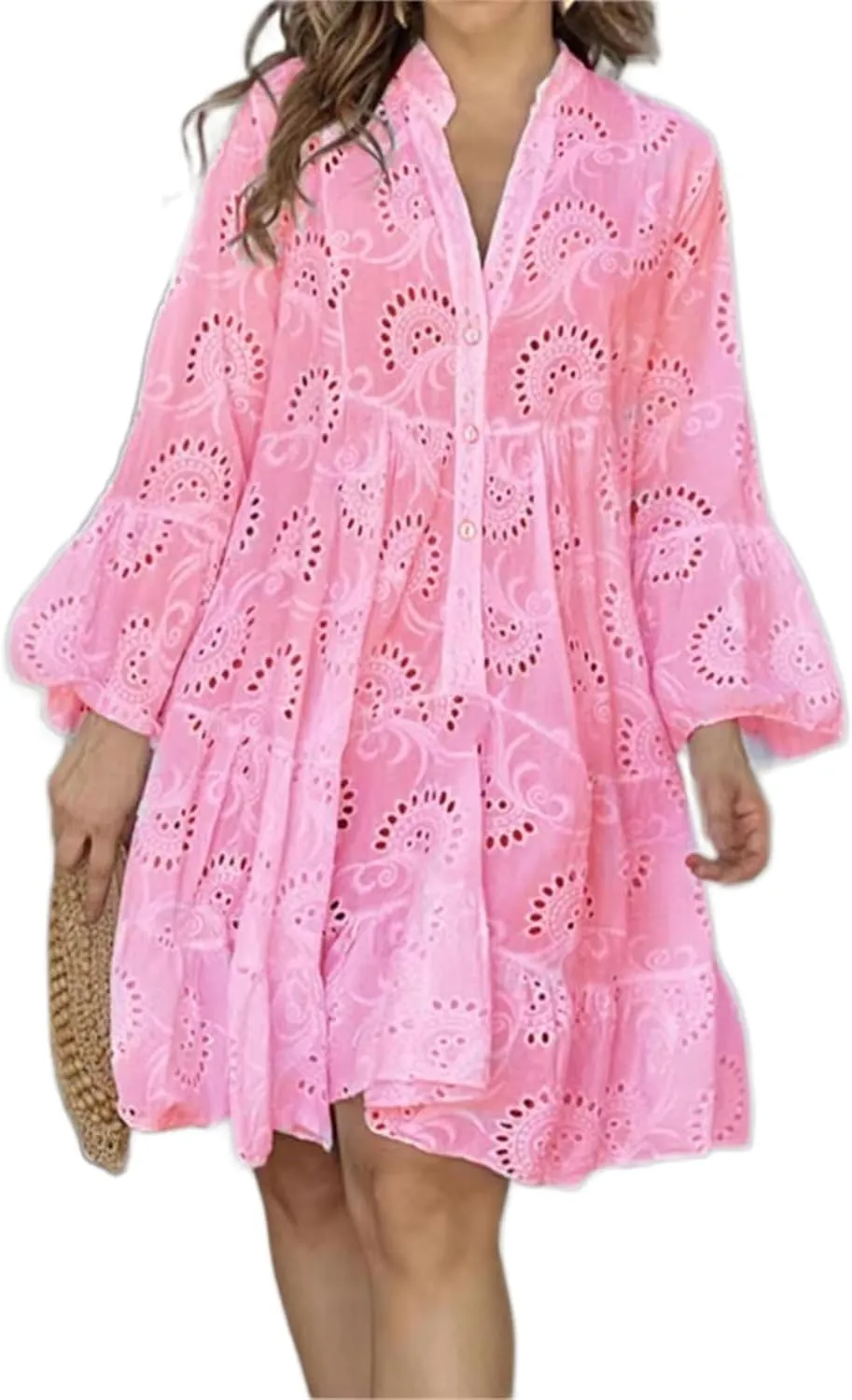Women's Lace Short Dress Casual V Neck Long Sleeve Eyelet Buttons Beach Plus Size Mini Dress Sundress