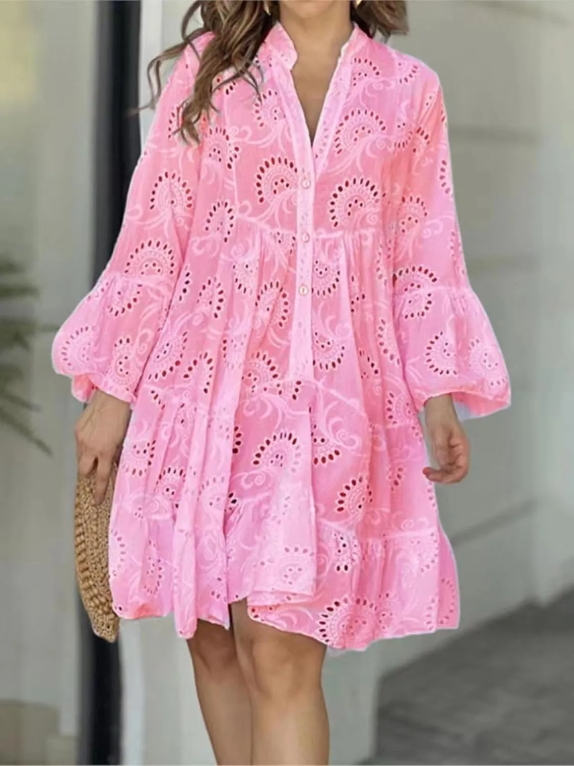 Women's Lace Short Dress Casual V Neck Long Sleeve Eyelet Buttons Beach Plus Size Mini Dress Sundress