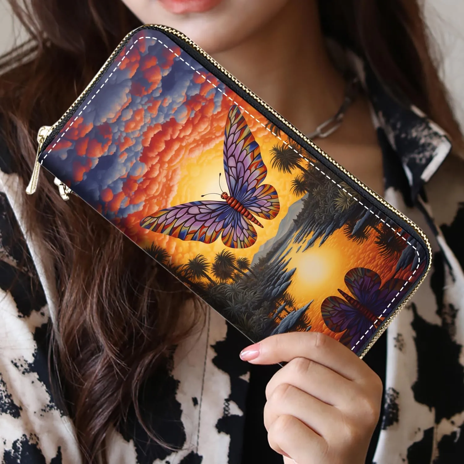 Women's Large Capacity Wallet, Portable PU Leather Zipper Wallet for Smart Phone/Card/Coin/Cash, Multifunctional Clutch Wallet with Removable Wristlet Strap, Abstract Paint Butterfly