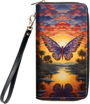 Women's Large Capacity Wallet, Portable PU Leather Zipper Wallet for Smart Phone/Card/Coin/Cash, Multifunctional Clutch Wallet with Removable Wristlet Strap, Abstract Paint Butterfly