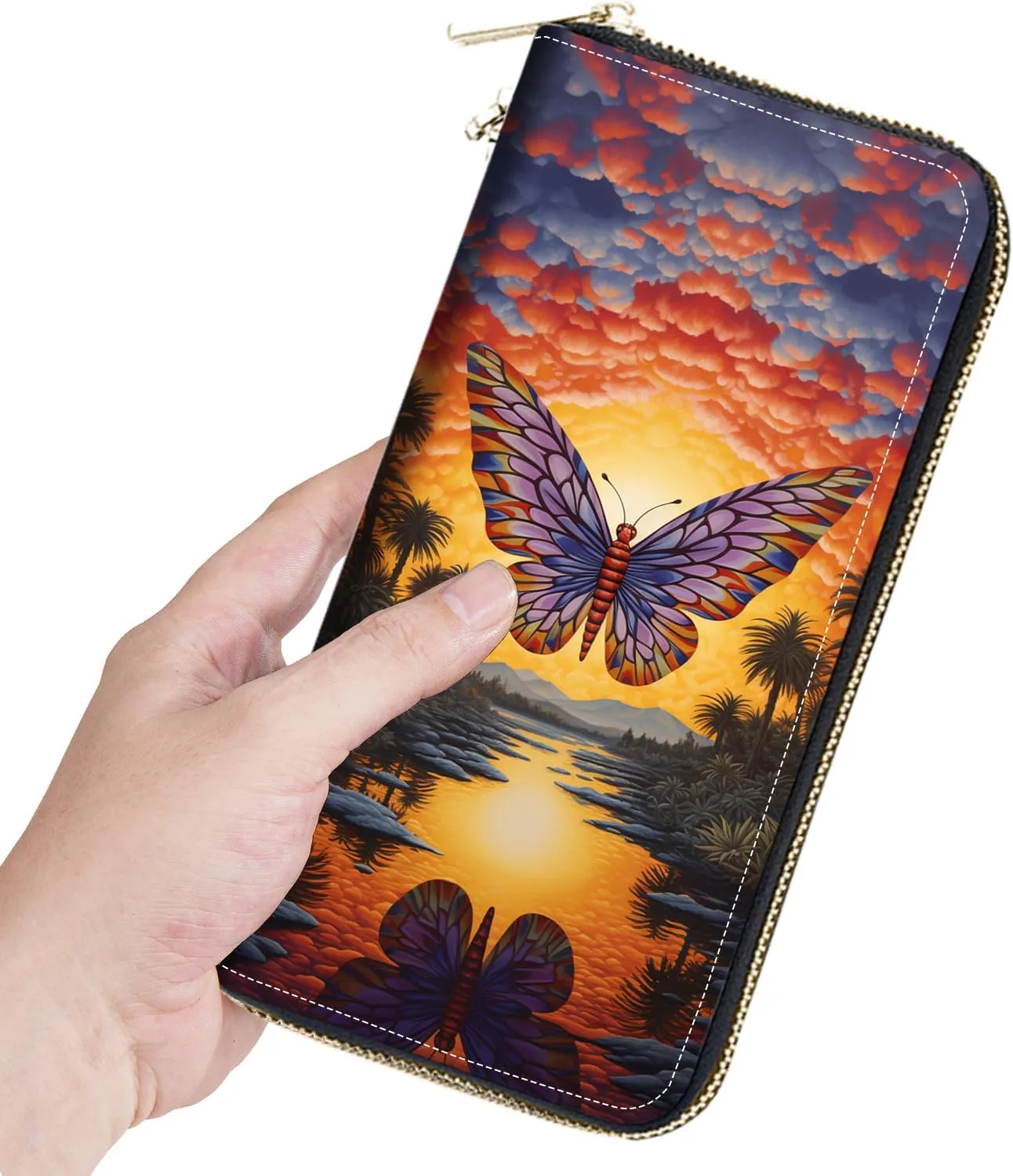 Women's Large Capacity Wallet, Portable PU Leather Zipper Wallet for Smart Phone/Card/Coin/Cash, Multifunctional Clutch Wallet with Removable Wristlet Strap, Abstract Paint Butterfly