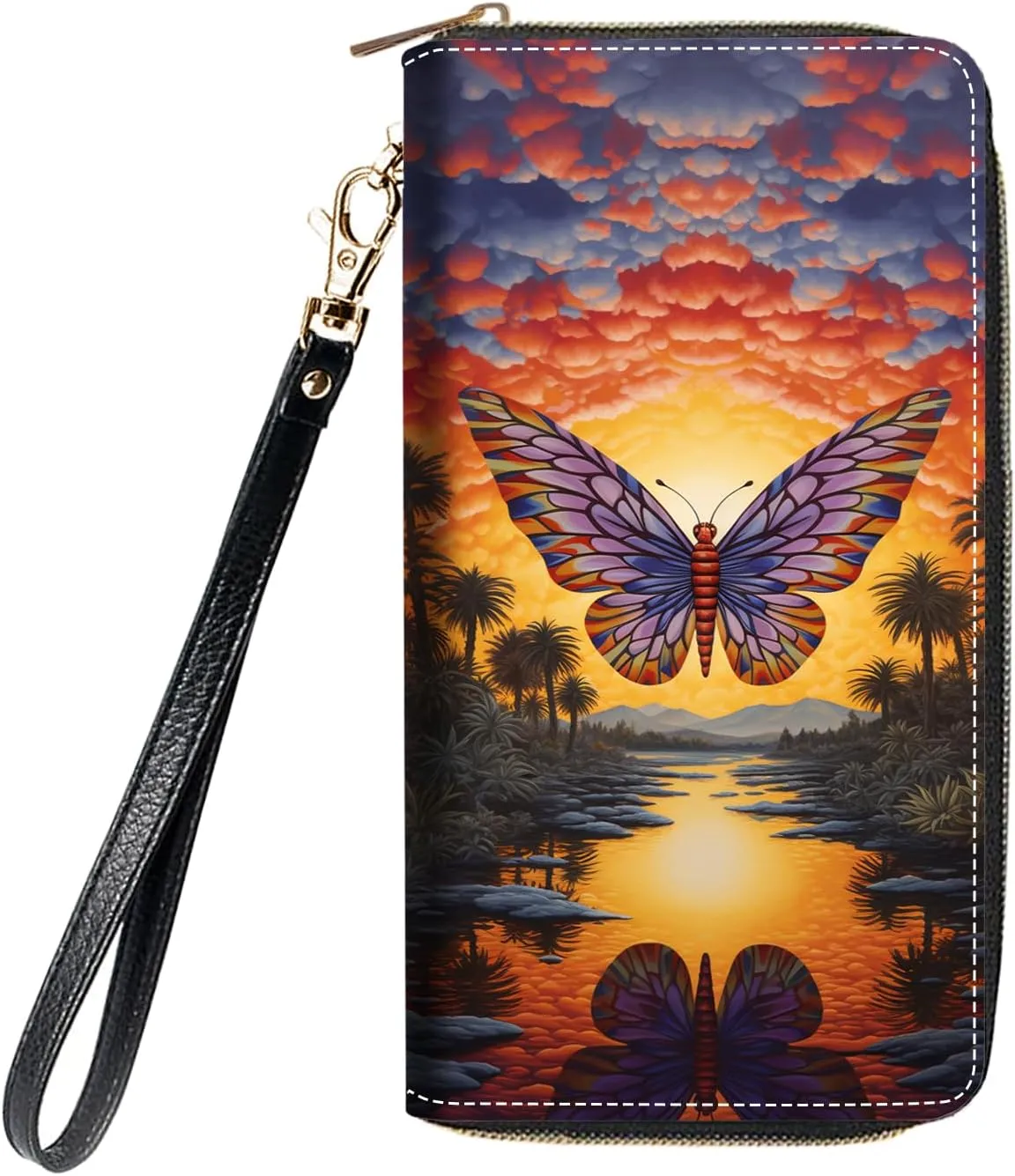 Women's Large Capacity Wallet, Portable PU Leather Zipper Wallet for Smart Phone/Card/Coin/Cash, Multifunctional Clutch Wallet with Removable Wristlet Strap, Abstract Paint Butterfly