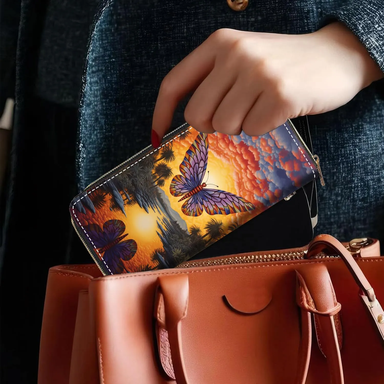 Women's Large Capacity Wallet, Portable PU Leather Zipper Wallet for Smart Phone/Card/Coin/Cash, Multifunctional Clutch Wallet with Removable Wristlet Strap, Abstract Paint Butterfly