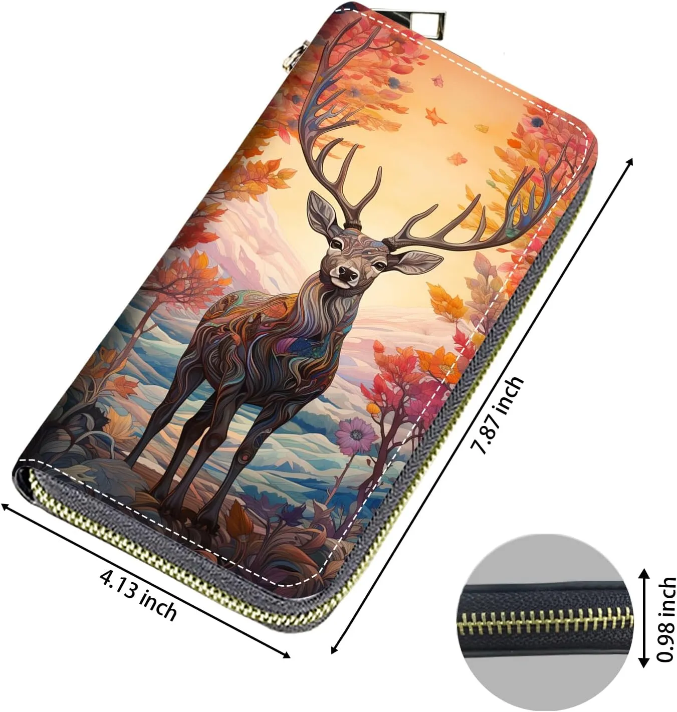 Women's Large Capacity Wallet, Portable PU Leather Zipper Wallet for Smart Phone/Card/Coin/Cash, Multifunctional Clutch Wallet with Removable Wristlet Strap, Abstract Paint Deer