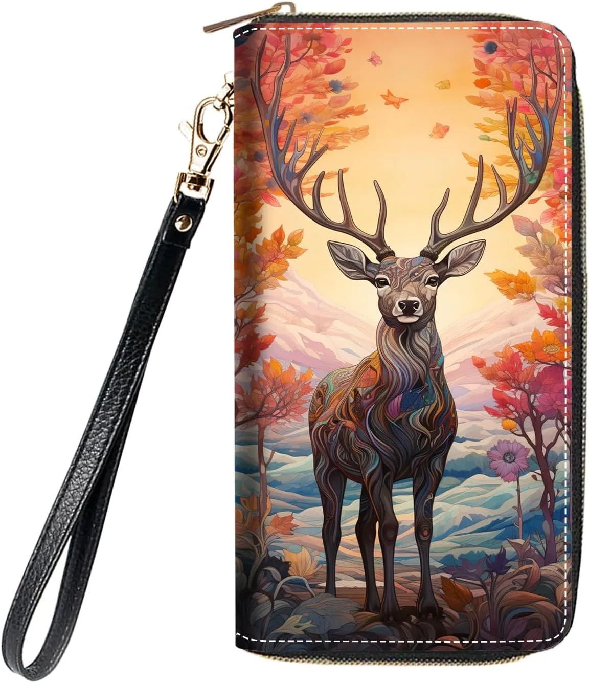 Women's Large Capacity Wallet, Portable PU Leather Zipper Wallet for Smart Phone/Card/Coin/Cash, Multifunctional Clutch Wallet with Removable Wristlet Strap, Abstract Paint Deer