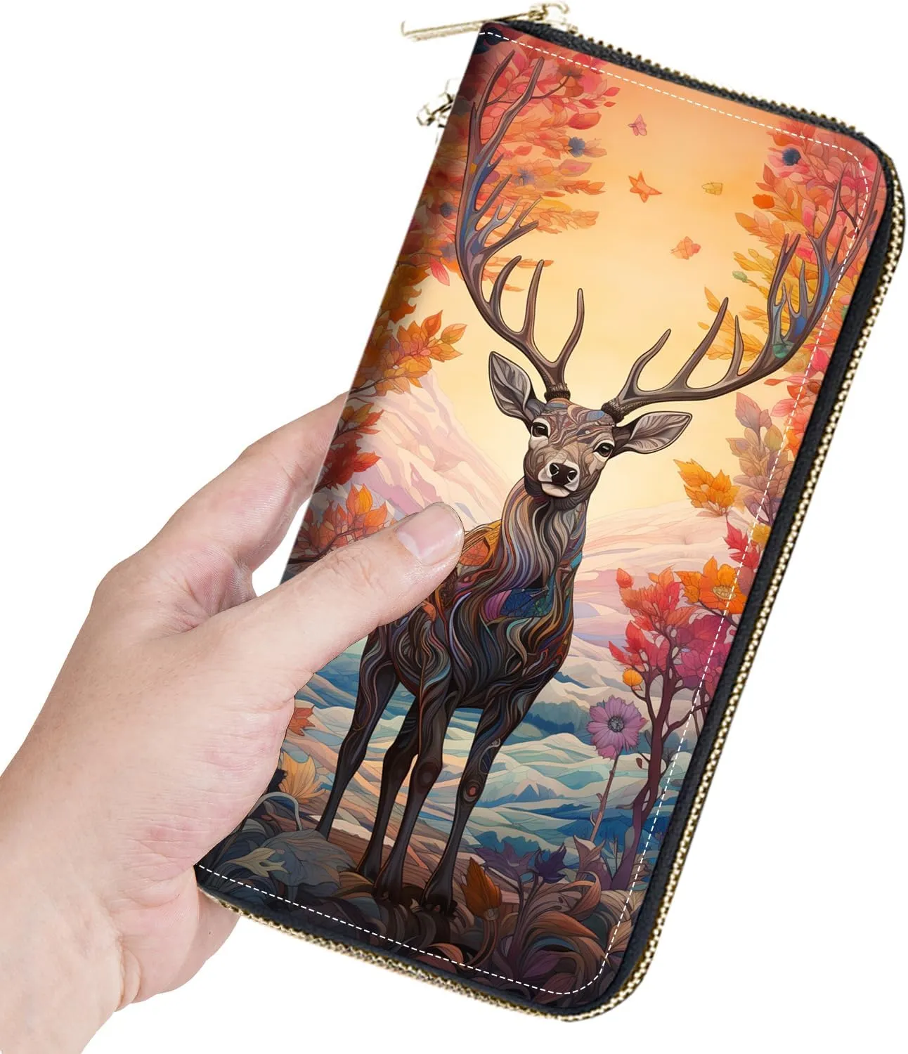 Women's Large Capacity Wallet, Portable PU Leather Zipper Wallet for Smart Phone/Card/Coin/Cash, Multifunctional Clutch Wallet with Removable Wristlet Strap, Abstract Paint Deer