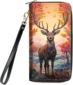 Women's Large Capacity Wallet, Portable PU Leather Zipper Wallet for Smart Phone/Card/Coin/Cash, Multifunctional Clutch Wallet with Removable Wristlet Strap, Abstract Paint Deer