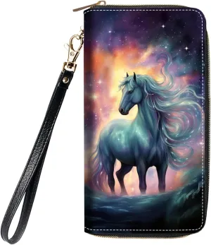 Women's Large Capacity Wallet, Portable PU Leather Zipper Wallet for Smart Phone/Card/Coin/Cash, Multifunctional Clutch Wallet with Removable Wristlet Strap, Abstract Paint White Horse