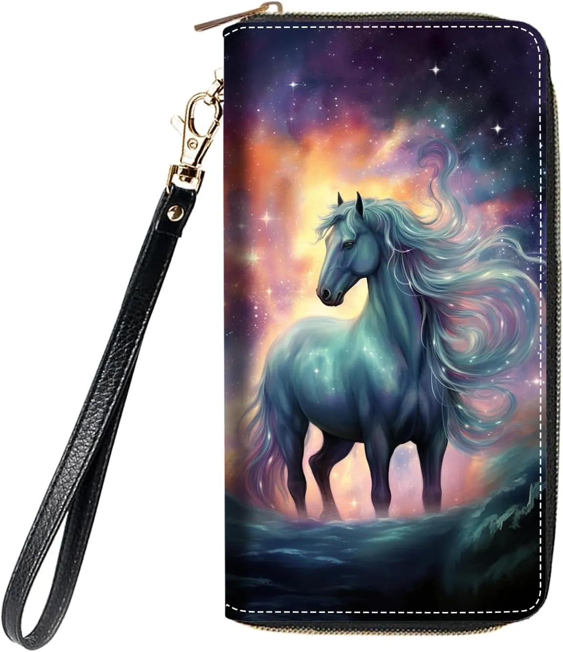 Women's Large Capacity Wallet, Portable PU Leather Zipper Wallet for Smart Phone/Card/Coin/Cash, Multifunctional Clutch Wallet with Removable Wristlet Strap, Abstract Paint White Horse