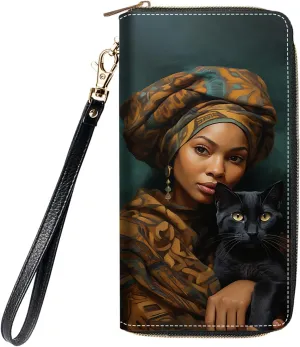 Women's Large Capacity Wallet, Portable PU Leather Zipper Wallet for Smart Phone/Card/Coin/Cash, Multifunctional Clutch Wallet with Removable Wristlet Strap, African Women Black Cat