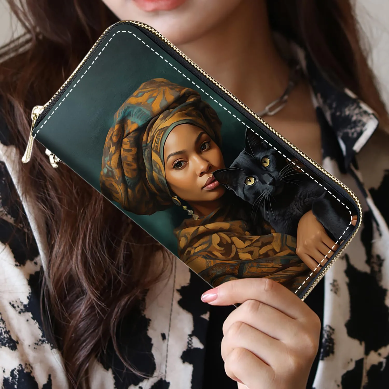 Women's Large Capacity Wallet, Portable PU Leather Zipper Wallet for Smart Phone/Card/Coin/Cash, Multifunctional Clutch Wallet with Removable Wristlet Strap, African Women Black Cat