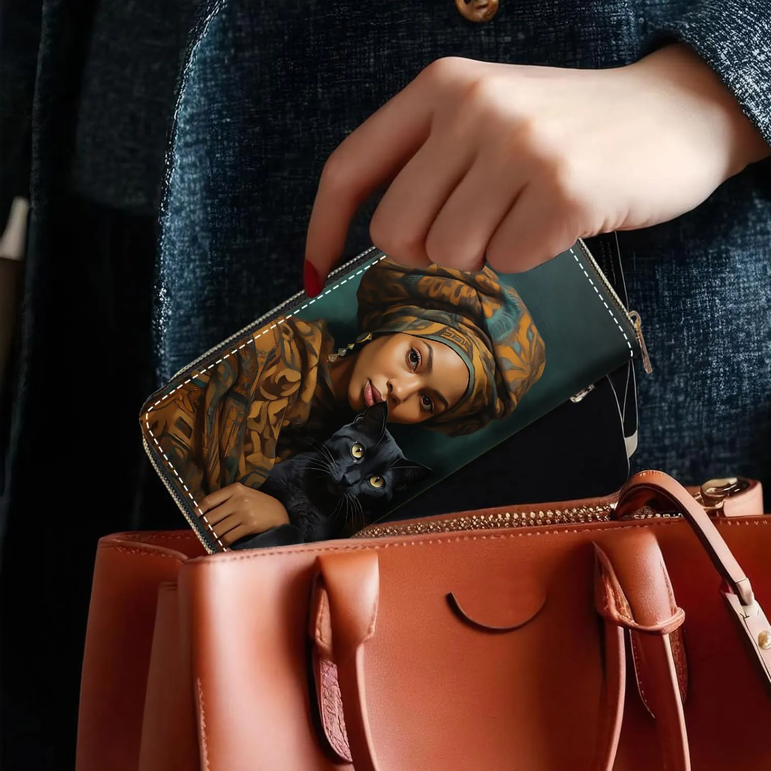 Women's Large Capacity Wallet, Portable PU Leather Zipper Wallet for Smart Phone/Card/Coin/Cash, Multifunctional Clutch Wallet with Removable Wristlet Strap, African Women Black Cat
