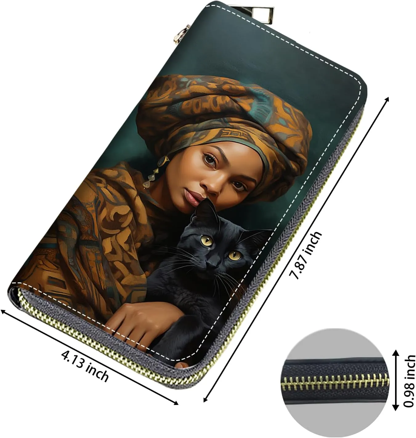 Women's Large Capacity Wallet, Portable PU Leather Zipper Wallet for Smart Phone/Card/Coin/Cash, Multifunctional Clutch Wallet with Removable Wristlet Strap, African Women Black Cat