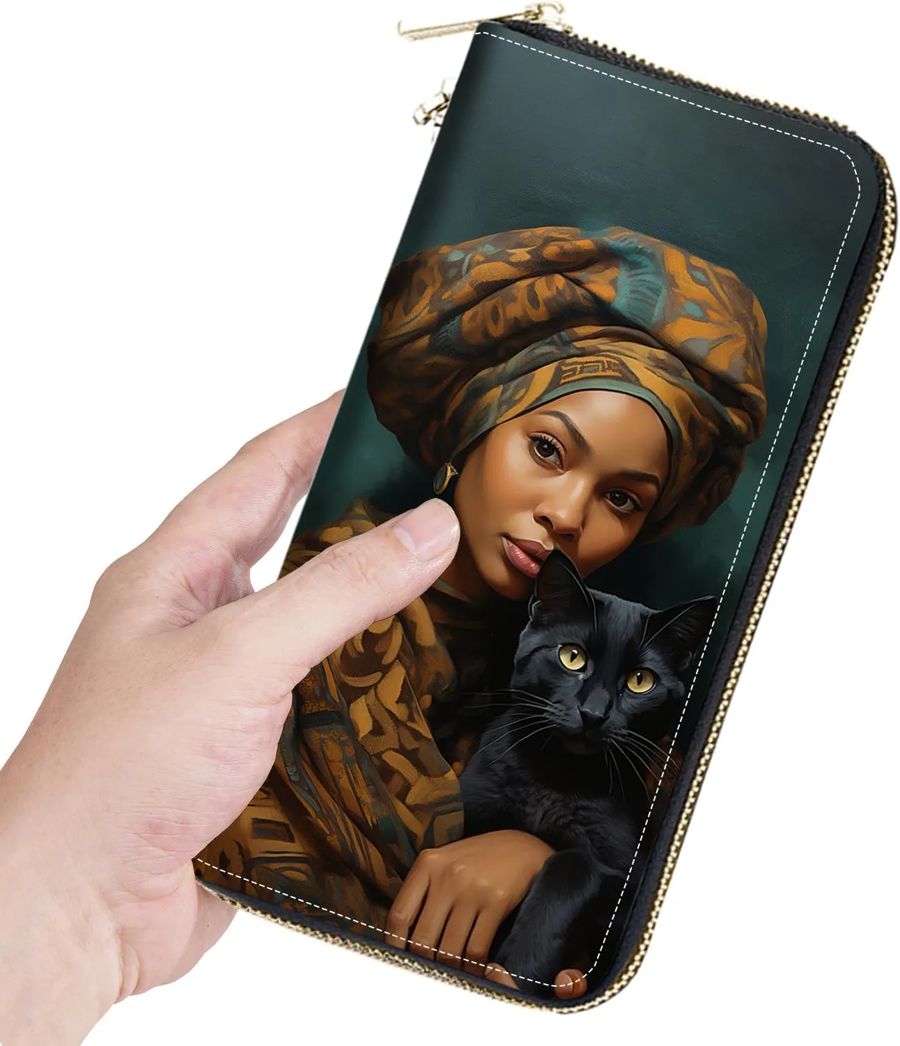 Women's Large Capacity Wallet, Portable PU Leather Zipper Wallet for Smart Phone/Card/Coin/Cash, Multifunctional Clutch Wallet with Removable Wristlet Strap, African Women Black Cat