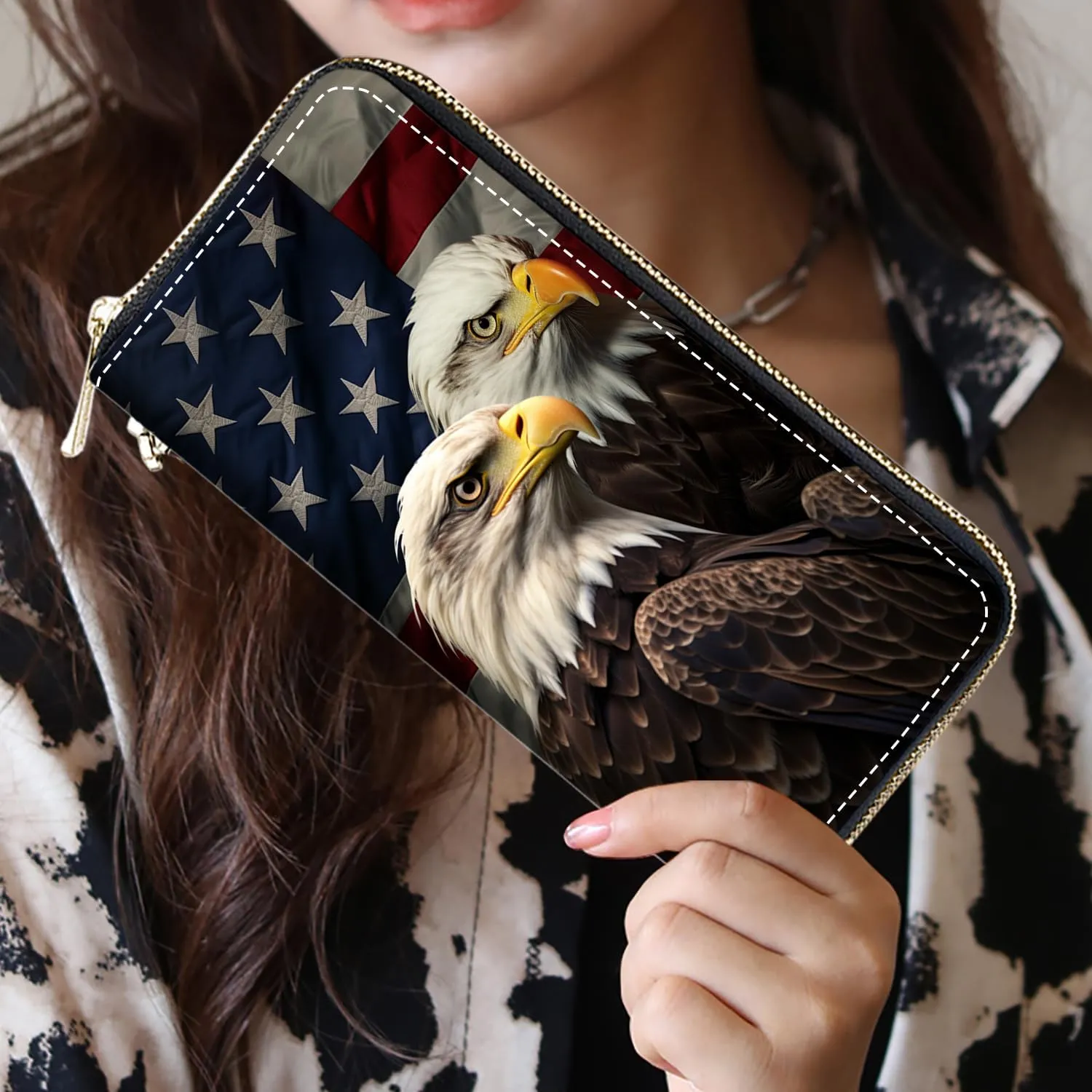Women's Large Capacity Wallet, Portable PU Leather Zipper Wallet for Smart Phone/Card/Coin/Cash, Multifunctional Clutch Wallet with Removable Wristlet Strap - American Flag Bald Eagle