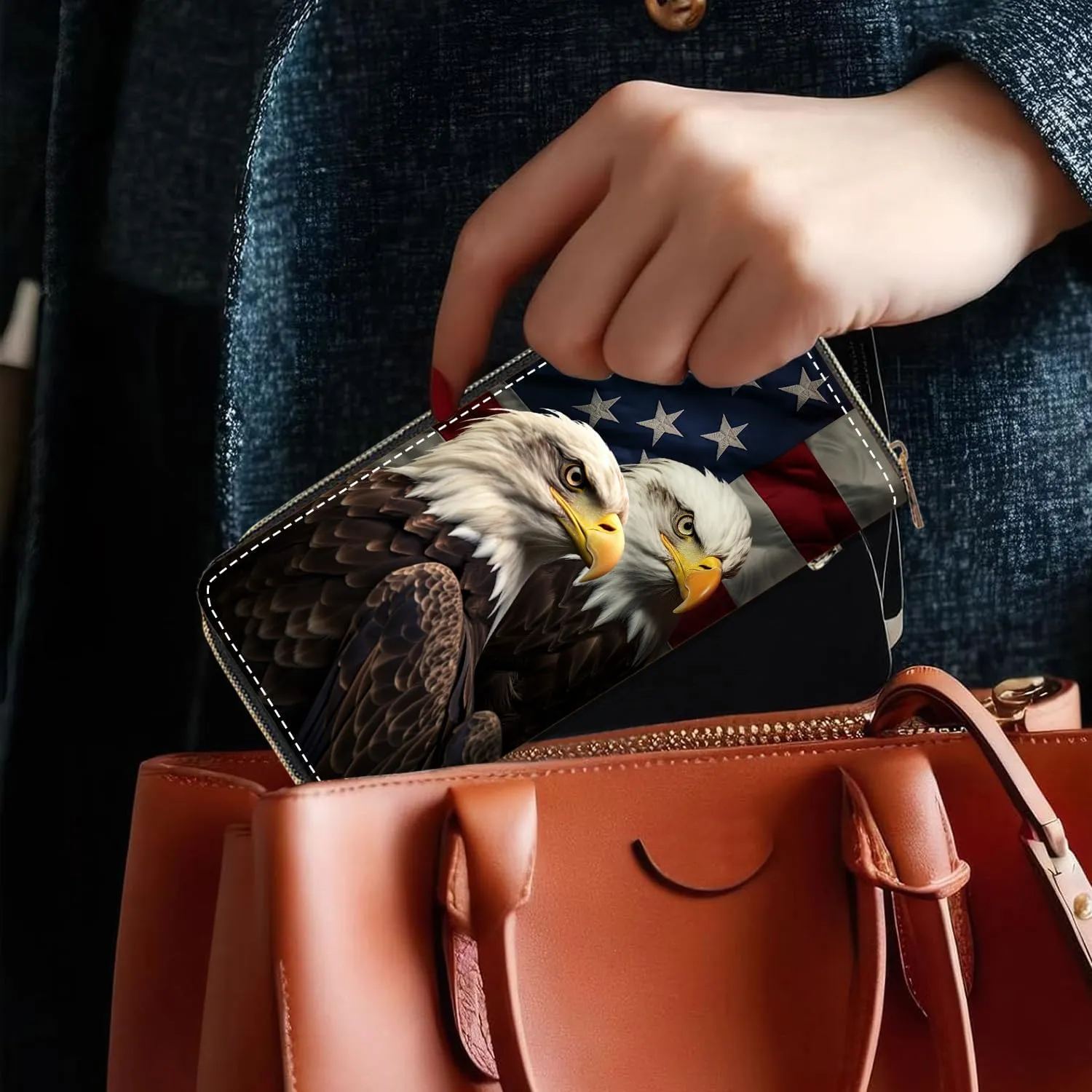 Women's Large Capacity Wallet, Portable PU Leather Zipper Wallet for Smart Phone/Card/Coin/Cash, Multifunctional Clutch Wallet with Removable Wristlet Strap - American Flag Bald Eagle