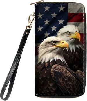 Women's Large Capacity Wallet, Portable PU Leather Zipper Wallet for Smart Phone/Card/Coin/Cash, Multifunctional Clutch Wallet with Removable Wristlet Strap - American Flag Bald Eagle
