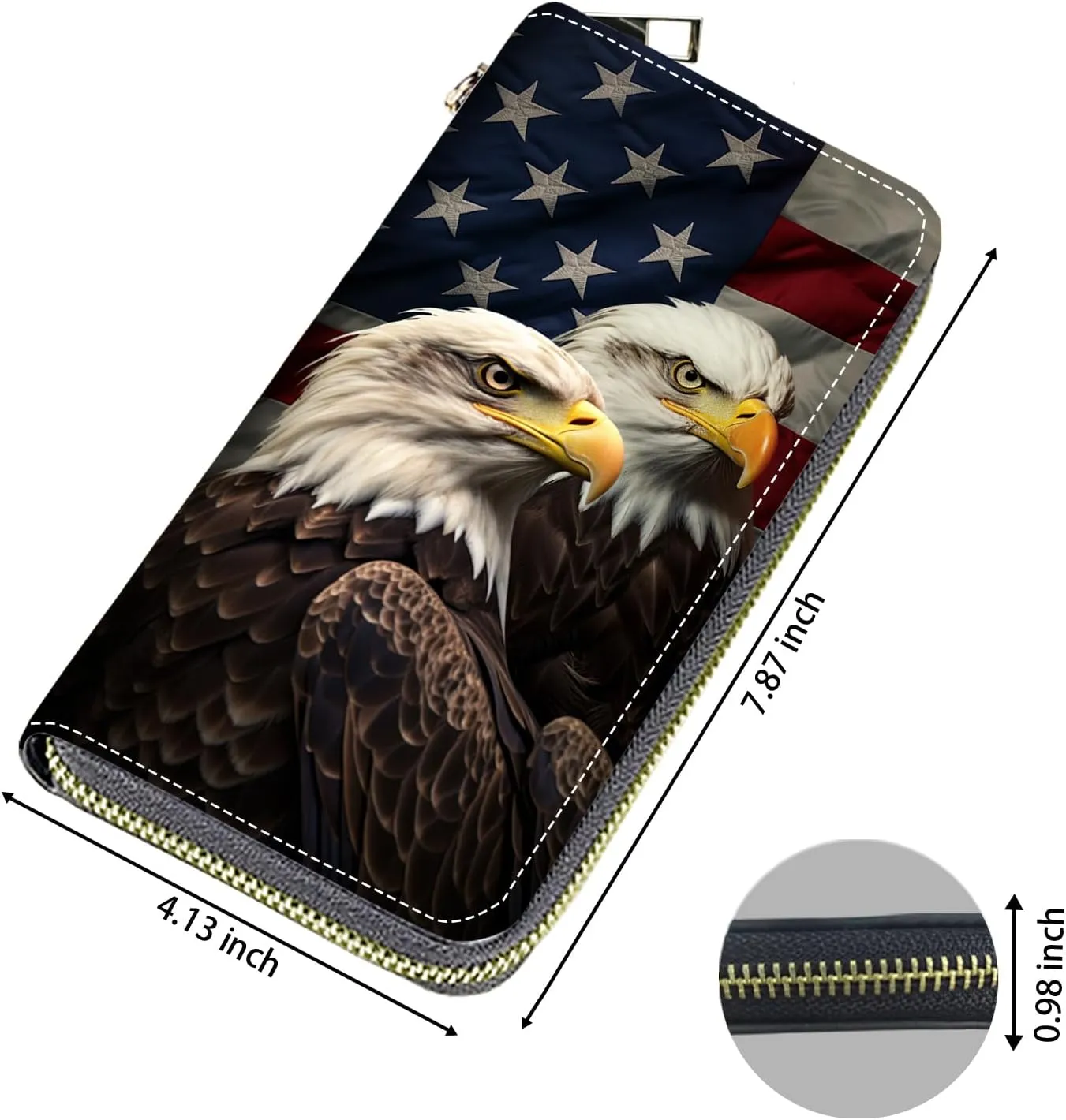 Women's Large Capacity Wallet, Portable PU Leather Zipper Wallet for Smart Phone/Card/Coin/Cash, Multifunctional Clutch Wallet with Removable Wristlet Strap - American Flag Bald Eagle