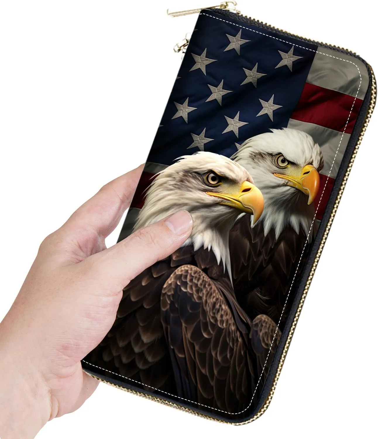 Women's Large Capacity Wallet, Portable PU Leather Zipper Wallet for Smart Phone/Card/Coin/Cash, Multifunctional Clutch Wallet with Removable Wristlet Strap - American Flag Bald Eagle