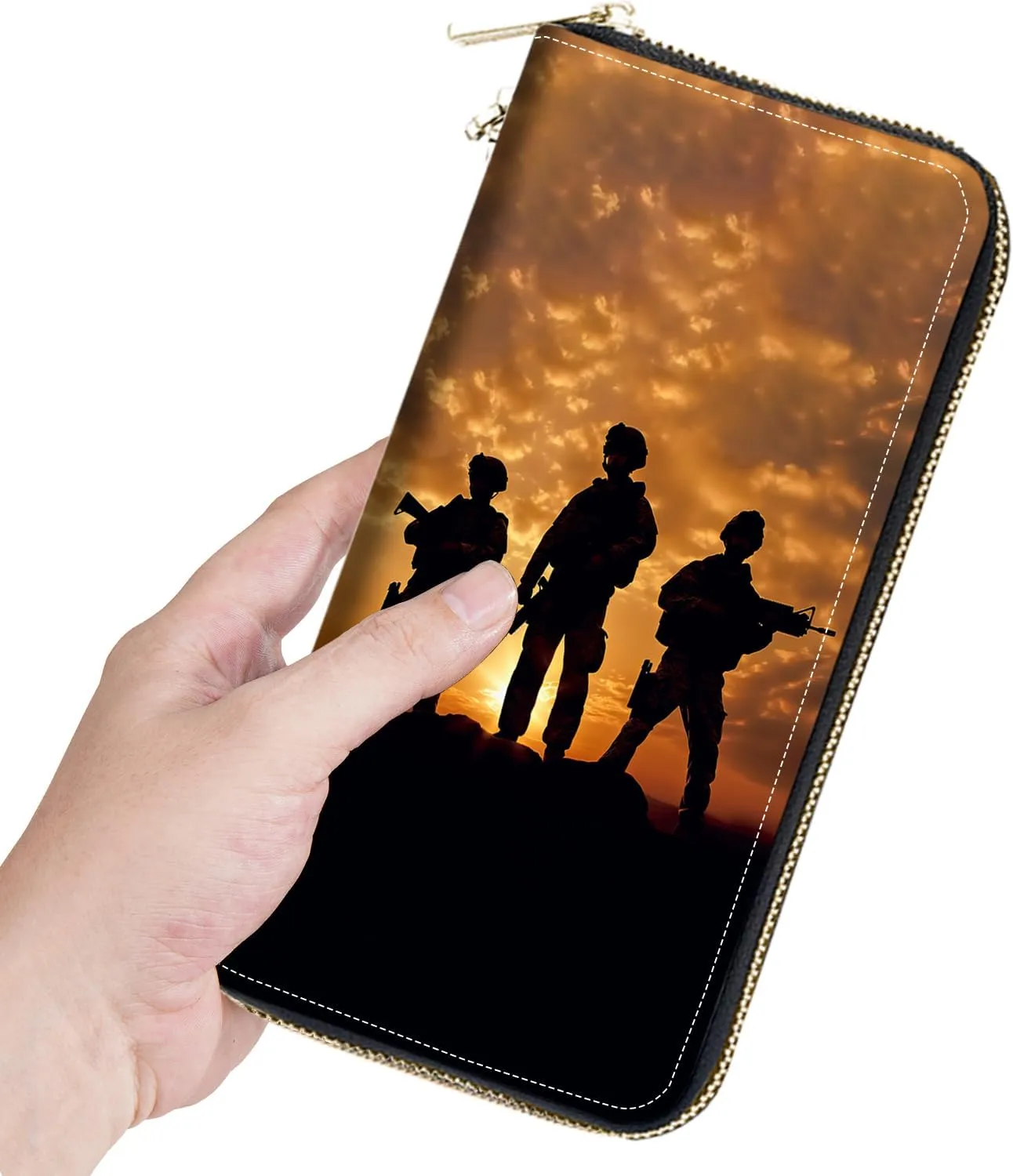 Women's Large Capacity Wallet, Portable PU Leather Zipper Wallet for Smart Phone/Card/Coin/Cash, Multifunctional Clutch Wallet with Removable Wristlet Strap, American Soldier At Sunset