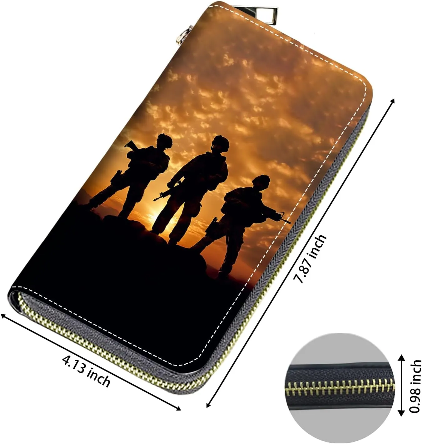Women's Large Capacity Wallet, Portable PU Leather Zipper Wallet for Smart Phone/Card/Coin/Cash, Multifunctional Clutch Wallet with Removable Wristlet Strap, American Soldier At Sunset