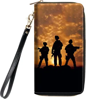 Women's Large Capacity Wallet, Portable PU Leather Zipper Wallet for Smart Phone/Card/Coin/Cash, Multifunctional Clutch Wallet with Removable Wristlet Strap, American Soldier At Sunset