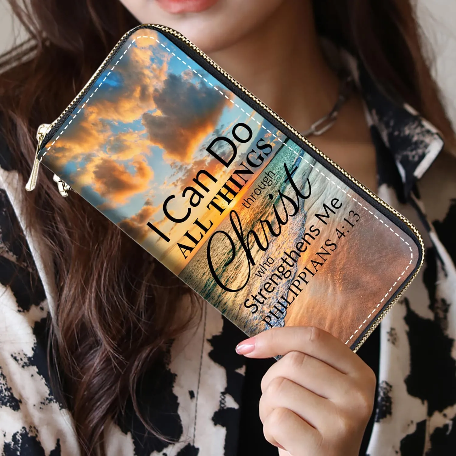Women's Large Capacity Wallet, Portable PU Leather Zipper Wallet for Smart Phone/Card/Coin/Cash, Multifunctional Clutch Wallet with Removable Wristlet Strap, Bible Verse Philippians 4-13