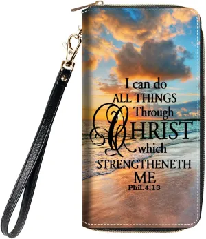 Women's Large Capacity Wallet, Portable PU Leather Zipper Wallet for Smart Phone/Card/Coin/Cash, Multifunctional Clutch Wallet with Removable Wristlet Strap, Christian Quote Bible Verse Phil 4-13