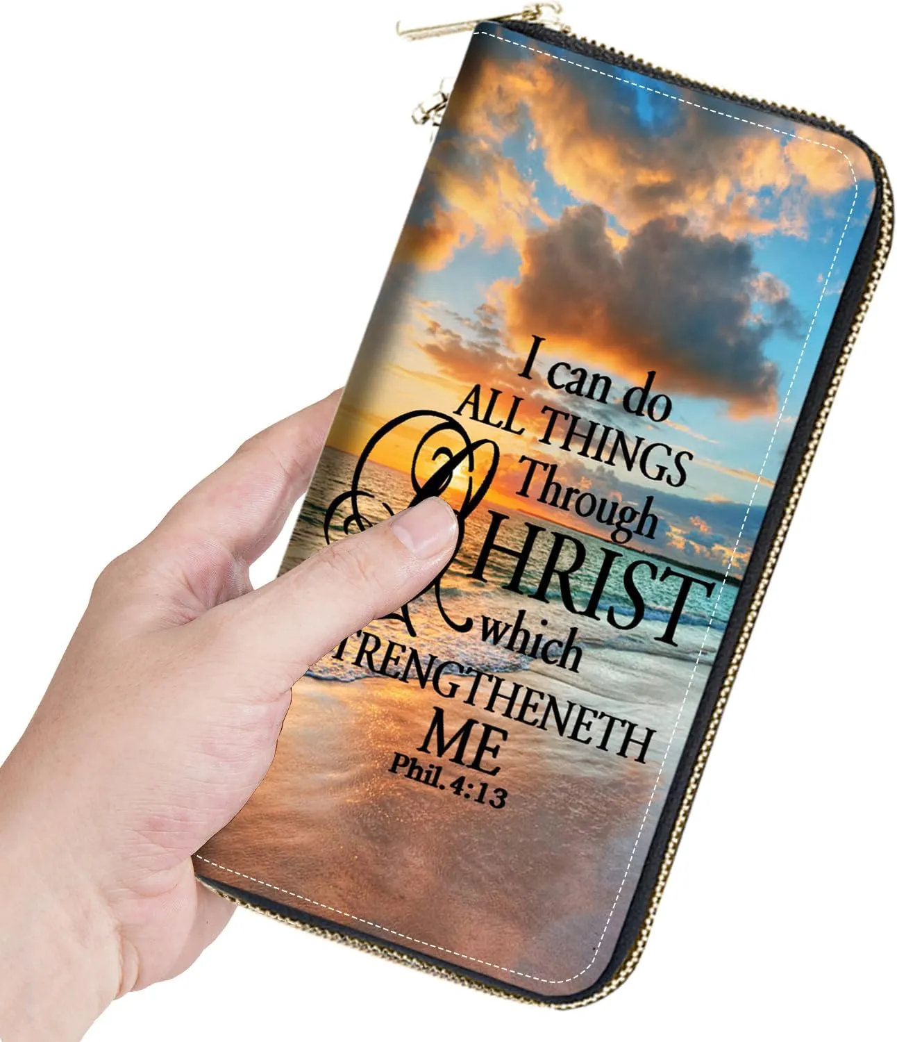 Women's Large Capacity Wallet, Portable PU Leather Zipper Wallet for Smart Phone/Card/Coin/Cash, Multifunctional Clutch Wallet with Removable Wristlet Strap, Christian Quote Bible Verse Phil 4-13