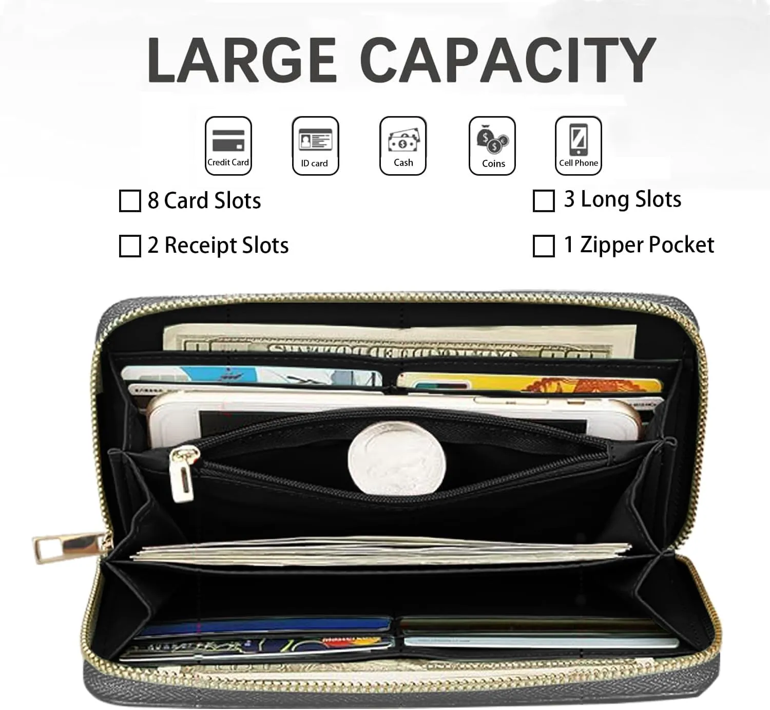 Women's Large Capacity Wallet, Portable PU Leather Zipper Wallet for Smart Phone/Card/Coin/Cash, Multifunctional Clutch Wallet with Removable Wristlet Strap, Christian Quote Bible Verse Phil 4-13