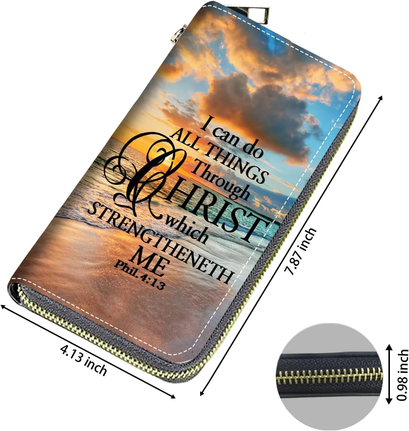 Women's Large Capacity Wallet, Portable PU Leather Zipper Wallet for Smart Phone/Card/Coin/Cash, Multifunctional Clutch Wallet with Removable Wristlet Strap, Christian Quote Bible Verse Phil 4-13