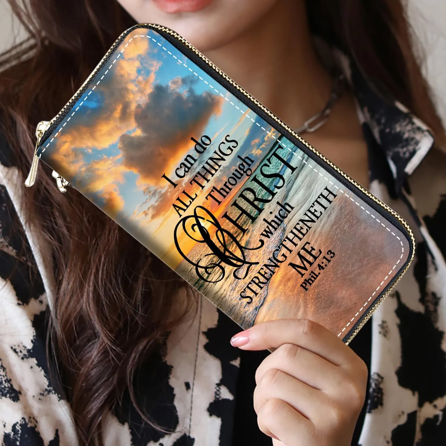 Women's Large Capacity Wallet, Portable PU Leather Zipper Wallet for Smart Phone/Card/Coin/Cash, Multifunctional Clutch Wallet with Removable Wristlet Strap, Christian Quote Bible Verse Phil 4-13