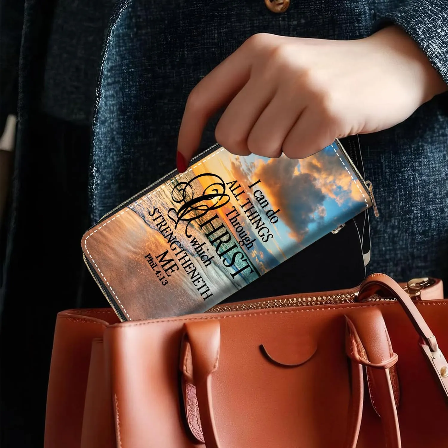 Women's Large Capacity Wallet, Portable PU Leather Zipper Wallet for Smart Phone/Card/Coin/Cash, Multifunctional Clutch Wallet with Removable Wristlet Strap, Christian Quote Bible Verse Phil 4-13