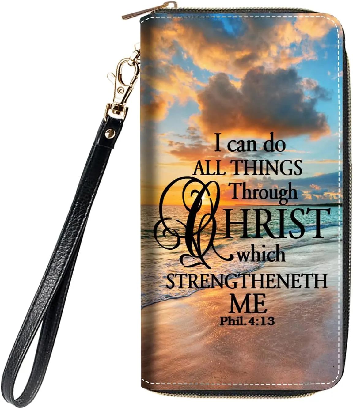 Women's Large Capacity Wallet, Portable PU Leather Zipper Wallet for Smart Phone/Card/Coin/Cash, Multifunctional Clutch Wallet with Removable Wristlet Strap, Christian Quote Bible Verse Phil 4-13