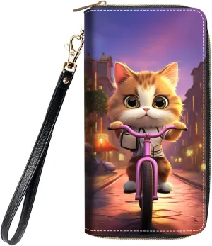 Women's Large Capacity Wallet, Portable PU Leather Zipper Wallet for Smart Phone/Card/Coin/Cash, Multifunctional Clutch Wallet with Removable Wristlet Strap, Cute Cat Riding Bicycle