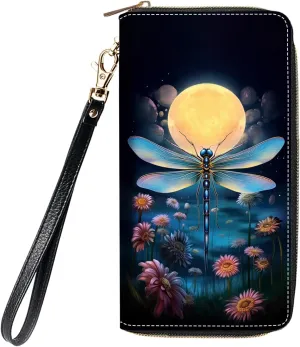 Women's Large Capacity Wallet, Portable PU Leather Zipper Wallet for Smart Phone/Card/Coin/Cash, Multifunctional Clutch Wallet with Removable Wristlet Strap, Dragonfly Under The Moon