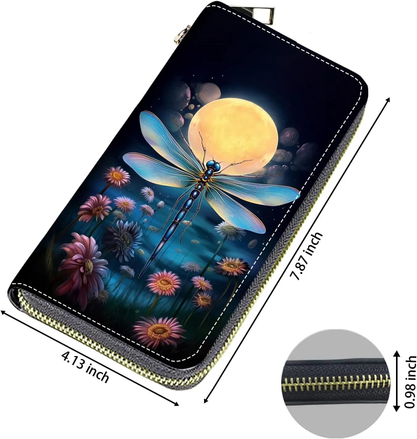 Women's Large Capacity Wallet, Portable PU Leather Zipper Wallet for Smart Phone/Card/Coin/Cash, Multifunctional Clutch Wallet with Removable Wristlet Strap, Dragonfly Under The Moon