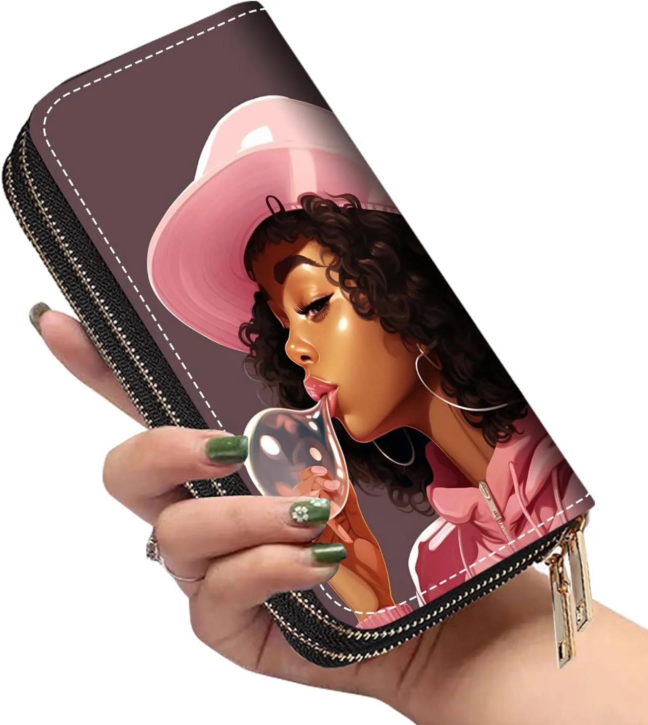 Women's Large Capacity Wallet PU Leather Double Zipper Clutch Purse Multifunctional Wallet with Removable Wristlet Strap for Smart Phone/Coin/Card/Cash, African American Black Girl