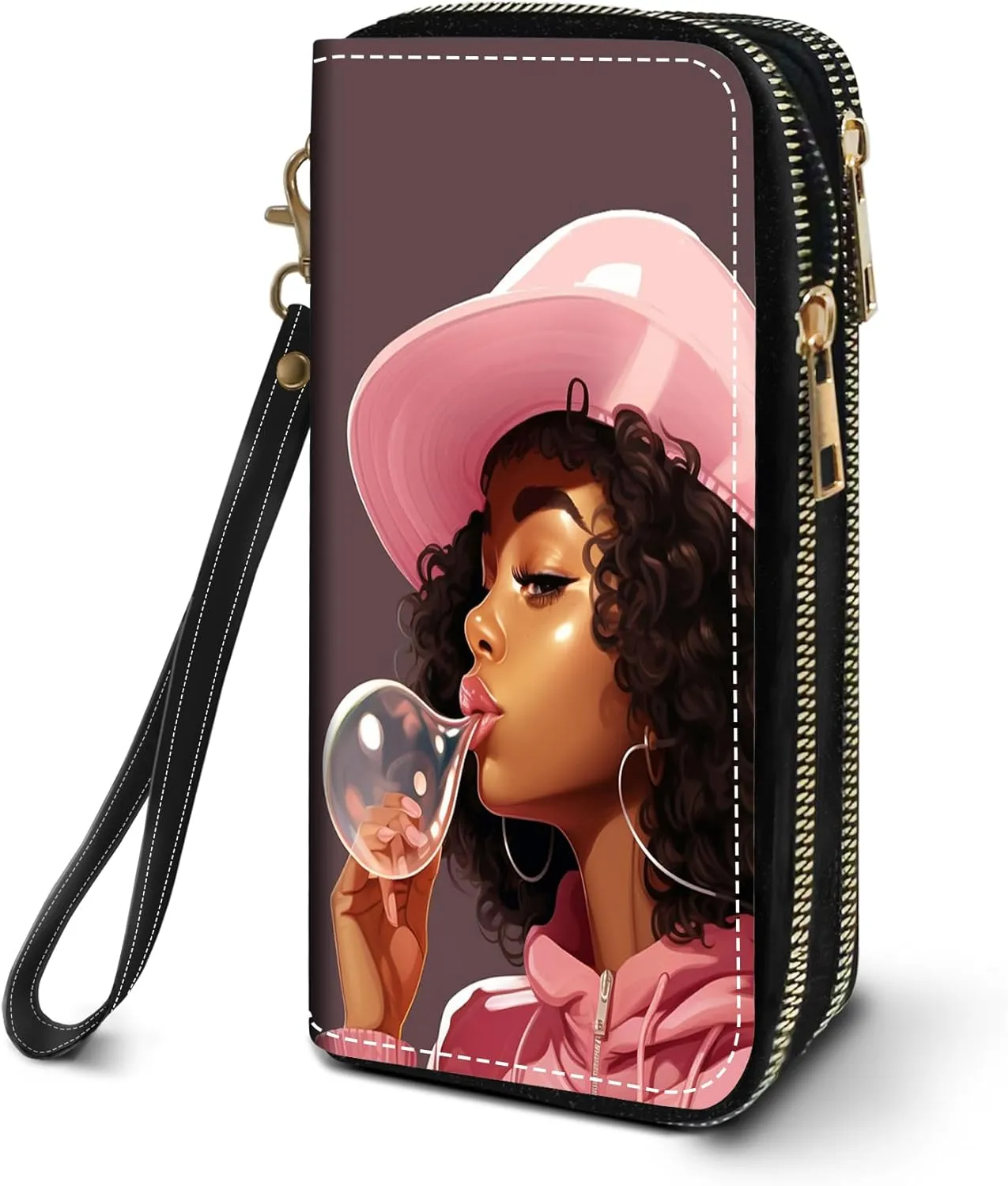 Women's Large Capacity Wallet PU Leather Double Zipper Clutch Purse Multifunctional Wallet with Removable Wristlet Strap for Smart Phone/Coin/Card/Cash, African American Black Girl