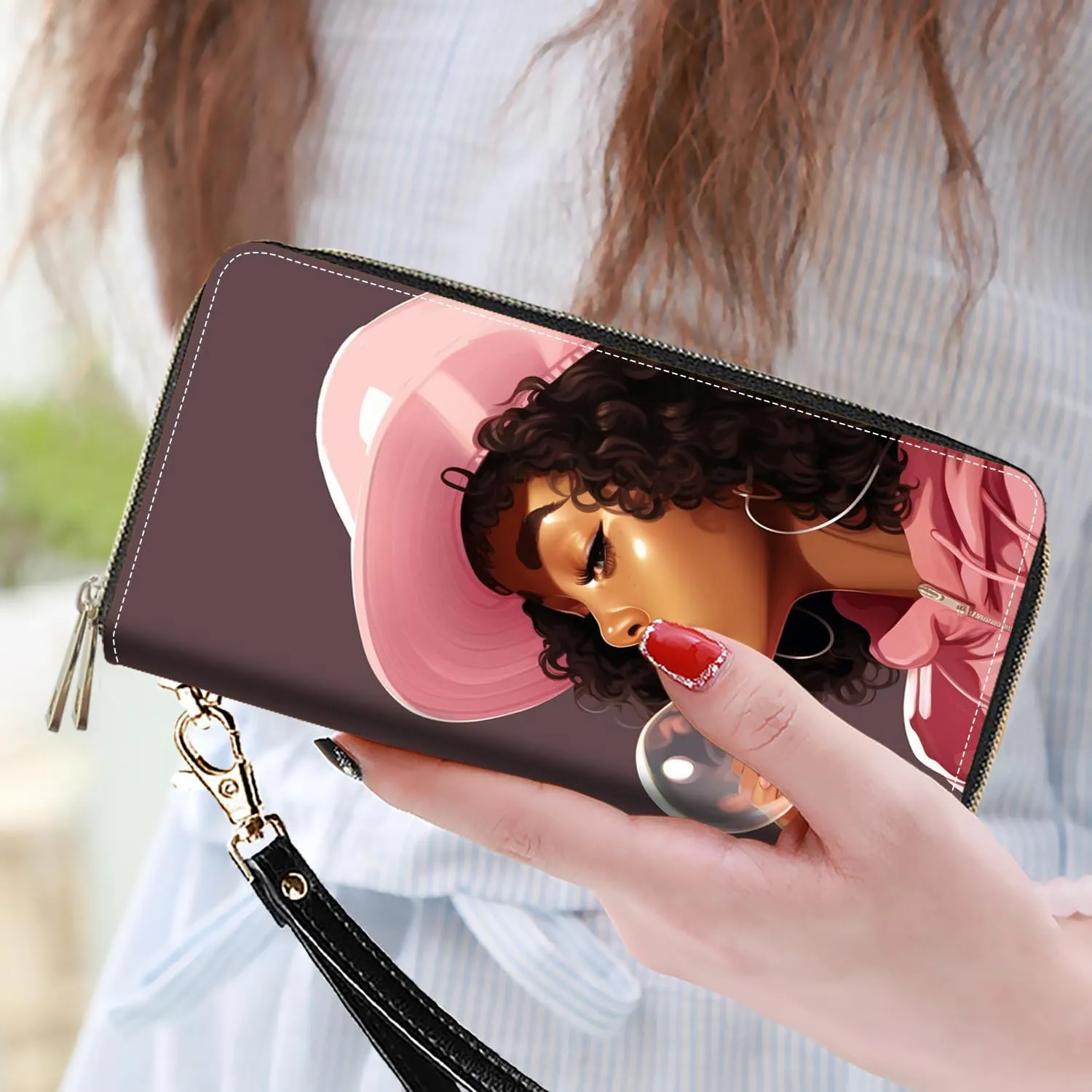 Women's Large Capacity Wallet PU Leather Double Zipper Clutch Purse Multifunctional Wallet with Removable Wristlet Strap for Smart Phone/Coin/Card/Cash, African American Black Girl