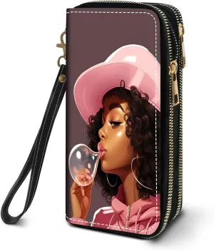 Women's Large Capacity Wallet PU Leather Double Zipper Clutch Purse Multifunctional Wallet with Removable Wristlet Strap for Smart Phone/Coin/Card/Cash, African American Black Girl
