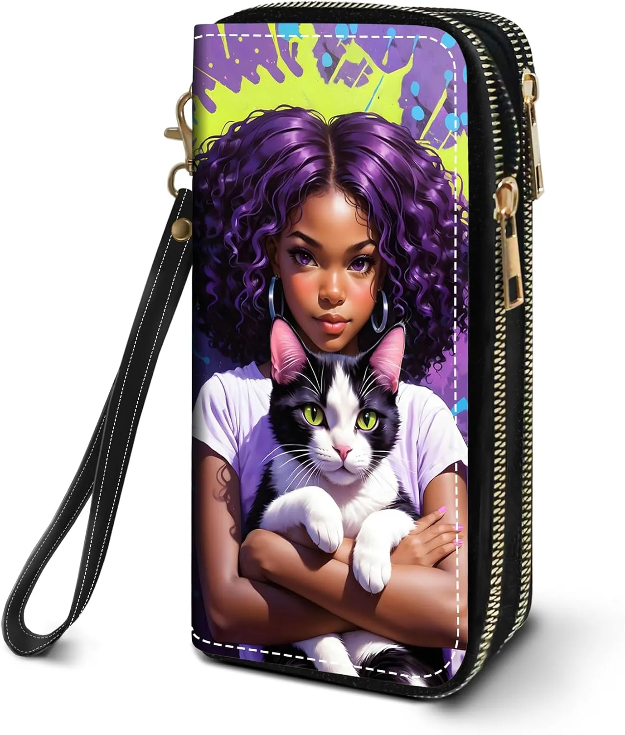 Women's Large Capacity Wallet PU Leather Double Zipper Clutch Purse Multifunctional Wallet with Removable Wristlet Strap for Smart Phone/Coin/Card/Cash, African American Girl Cat