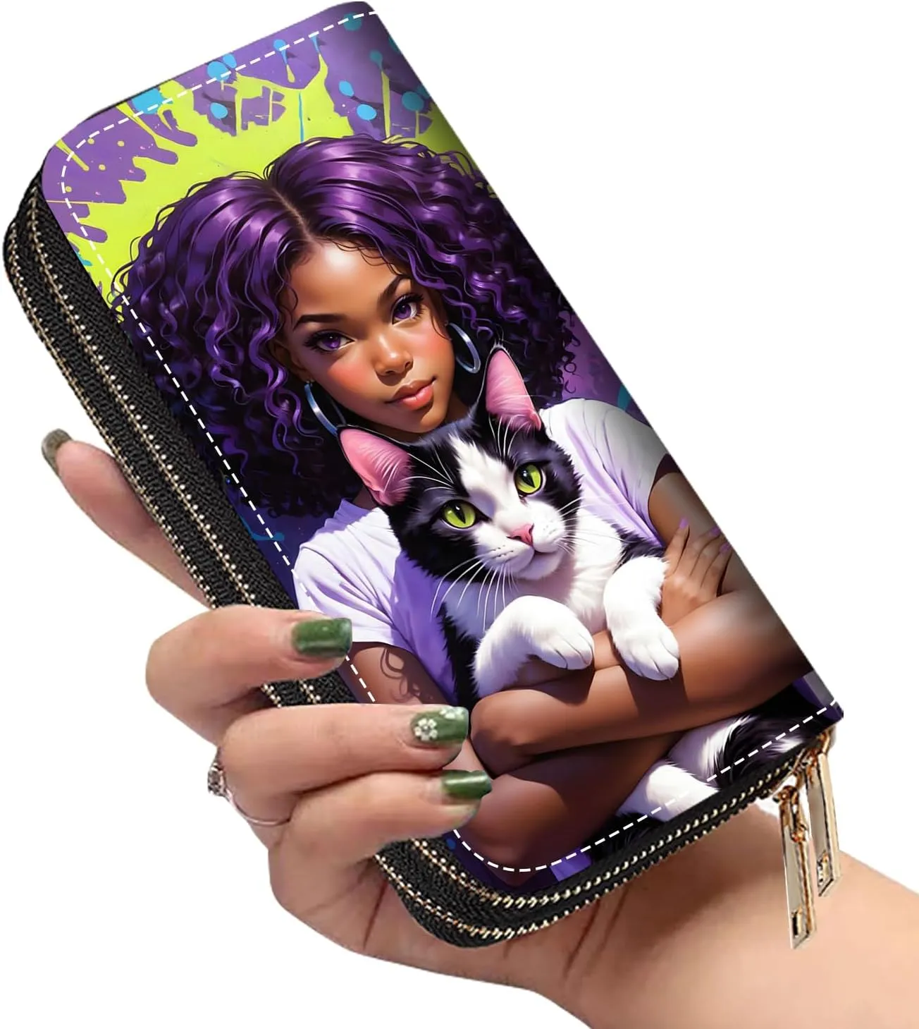 Women's Large Capacity Wallet PU Leather Double Zipper Clutch Purse Multifunctional Wallet with Removable Wristlet Strap for Smart Phone/Coin/Card/Cash, African American Girl Cat