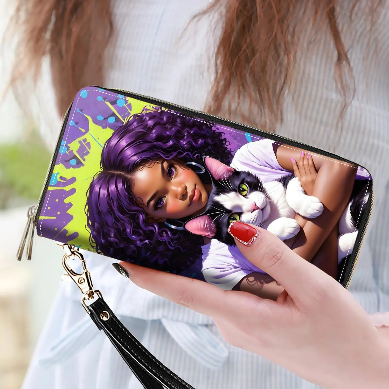 Women's Large Capacity Wallet PU Leather Double Zipper Clutch Purse Multifunctional Wallet with Removable Wristlet Strap for Smart Phone/Coin/Card/Cash, African American Girl Cat