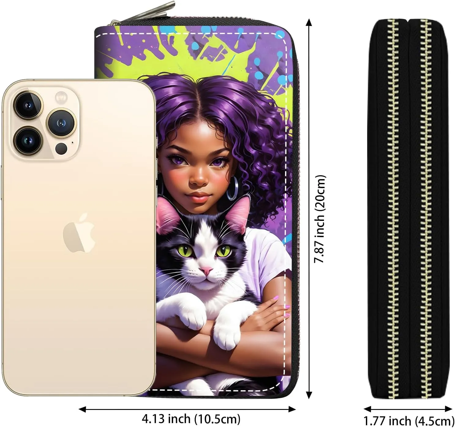 Women's Large Capacity Wallet PU Leather Double Zipper Clutch Purse Multifunctional Wallet with Removable Wristlet Strap for Smart Phone/Coin/Card/Cash, African American Girl Cat