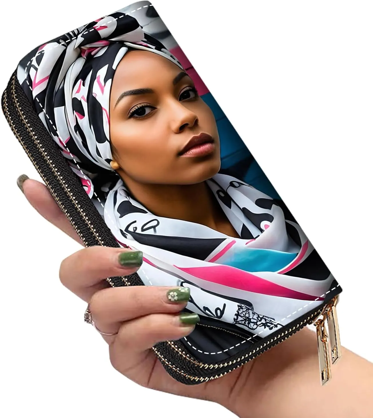 Women's Large Capacity Wallet PU Leather Double Zipper Clutch Purse Multifunctional Wallet with Removable Wristlet Strap for Smart Phone/Coin/Card/Cash, American Black Girl