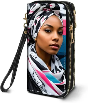 Women's Large Capacity Wallet PU Leather Double Zipper Clutch Purse Multifunctional Wallet with Removable Wristlet Strap for Smart Phone/Coin/Card/Cash, American Black Girl