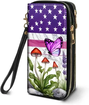 Women's Large Capacity Wallet PU Leather Double Zipper Clutch Purse Multifunctional Wallet with Removable Wristlet Strap for Smart Phone/Coin/Card/Cash, American Flag Butterfly Mushroom
