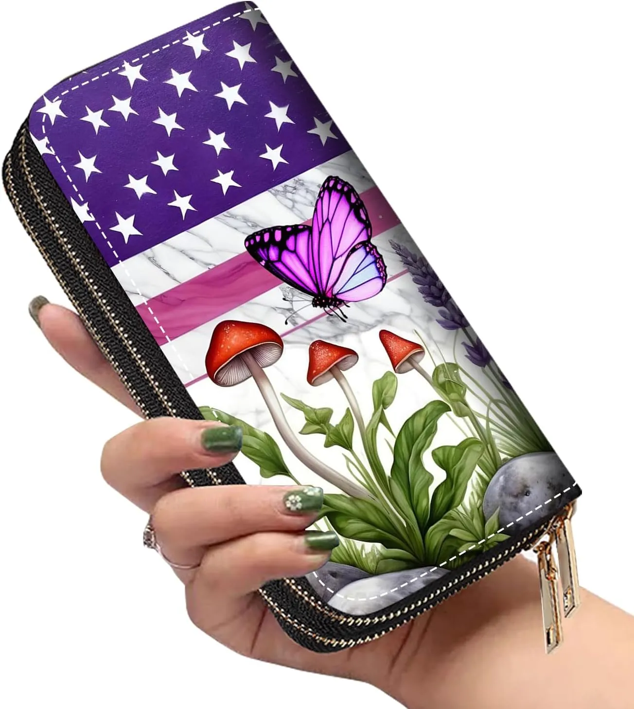 Women's Large Capacity Wallet PU Leather Double Zipper Clutch Purse Multifunctional Wallet with Removable Wristlet Strap for Smart Phone/Coin/Card/Cash, American Flag Butterfly Mushroom